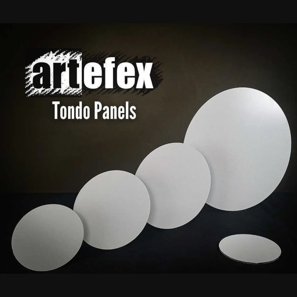Artefex circular oil primed linen panel mounted to aluminum composite material – premium round ACM panel for oil painting and archival artwork.